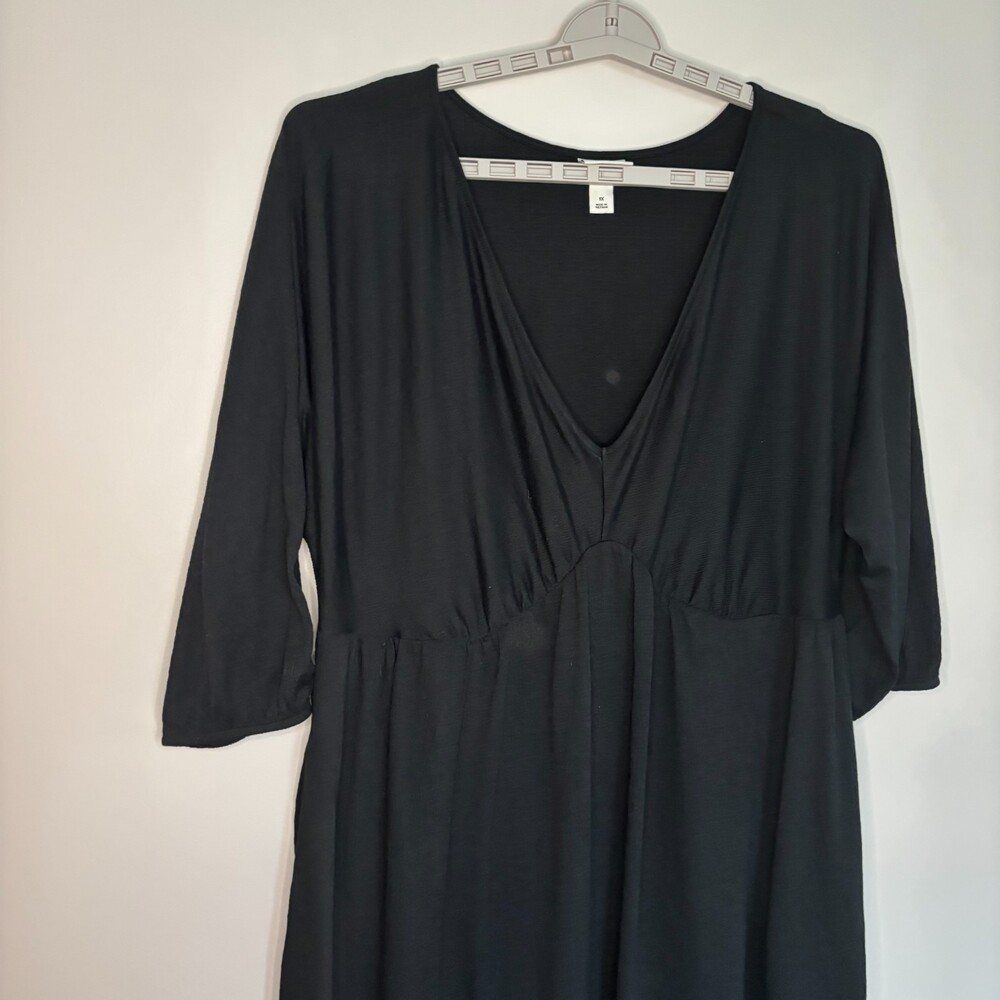 AVA & VIV Womens 1X Gauze Stretch VNeck Midi Dress Black 3/4 Balloon Sleeve Plus - Picture 5 of 8